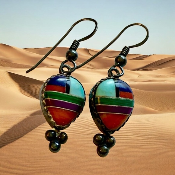 Jewelry - Vintage Signed Sterling Southwestern Inlay Earrings with Turquoise, Lapis